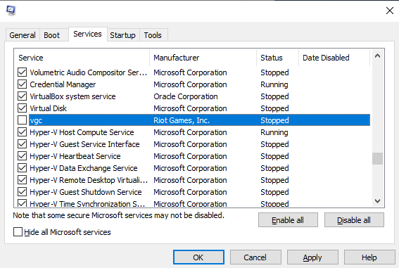 enable vgc service on msconfig