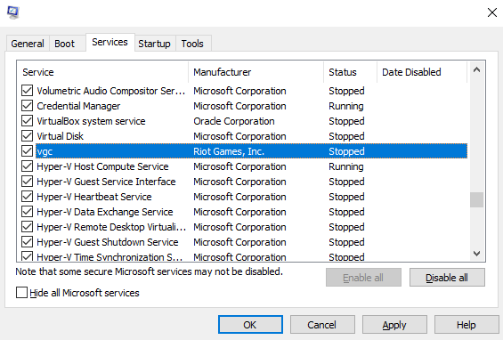 vgc service enabled on msconfig